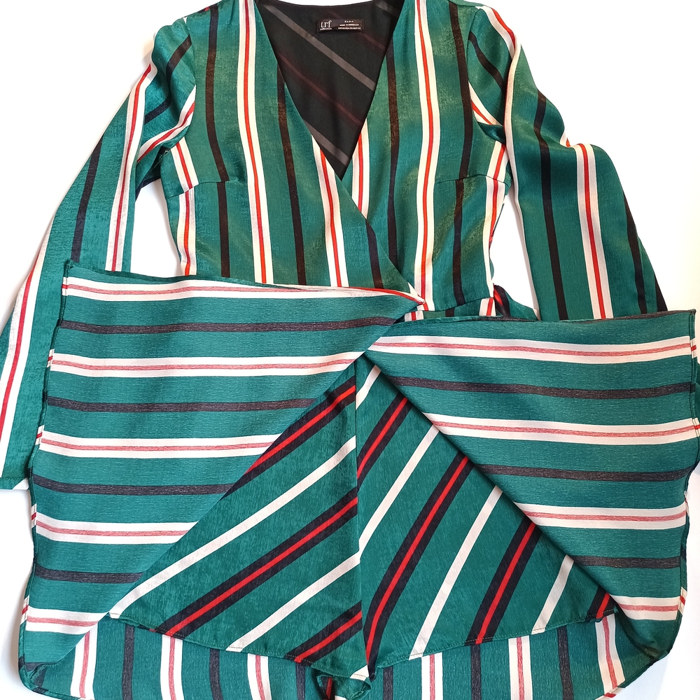 Zara Green and Red Striped Long Sleeve Dress - Picture 4 of 7